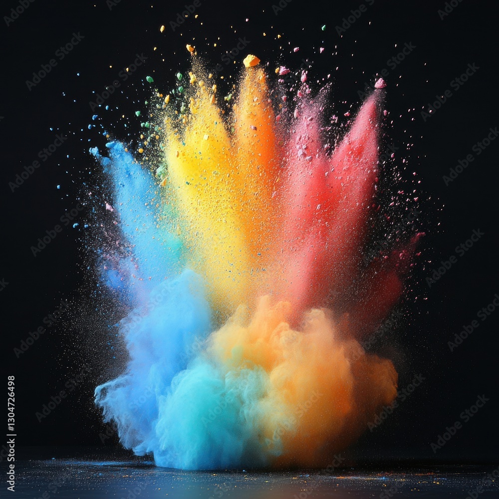 Poster vibrant explosion of rainbow colored powder against a dark backdrop creating a dynamic and artistic 