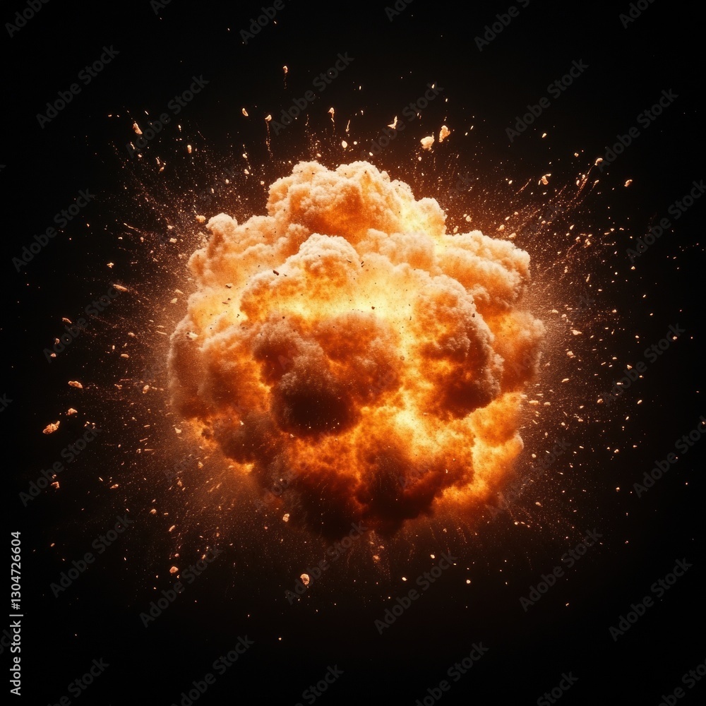 Poster dramatic explosion of fiery orange cloud against a stark black background creating a powerful and in