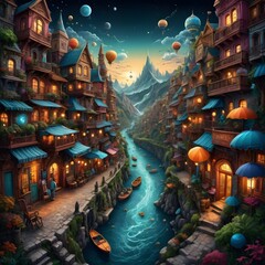 Fototapeta premium Fantasy River City with Floating Lanterns and Hot Air Balloons