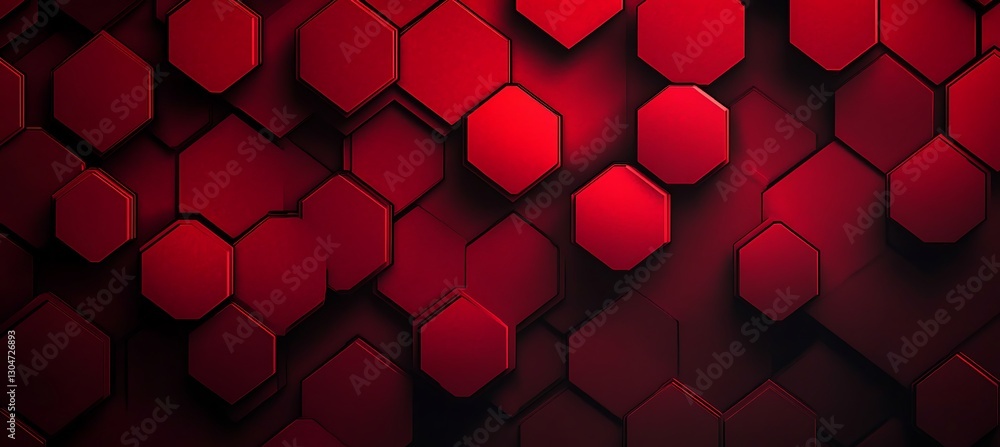 Poster a red hexagonal grid background with deep crimson tones, subtle shading, and depth for a bold digita