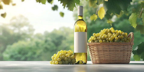 Fototapeta premium Green grapes and white wine on the grass at a picnic outdoors