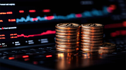 Stacks of gold crypto coins with a financial market chart in the background. Useful for content about fintech, stock market and financial growth.