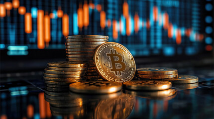 Stacks of cryptocoins with a financial market chart in the background symbolizing cryptocurrency trading, investment, and blockchain technology. For fintech, stock market, and financial growth content