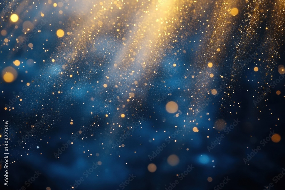 Poster elegant celestial backdrop with shimmering golden particles on deep blue gradient background creatin