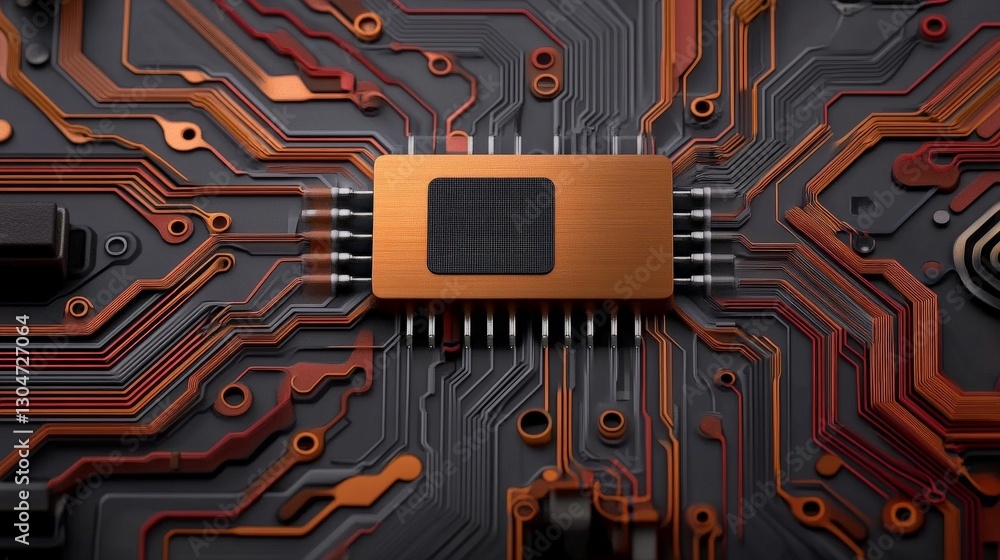Poster close-up of a circuit board with modern microchip and wires