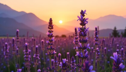 Naklejka premium Lavender field at sunset with mountains in the background.