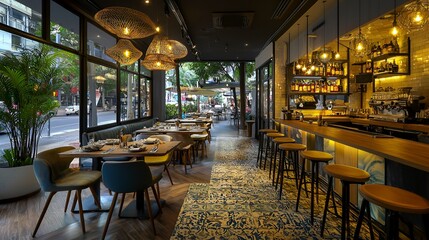 Fototapeta premium Modern cafe interior, city view, dining area, bar, daytime