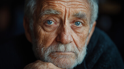 An elderly man with striking blue eyes sits contemplatively, showcasing deep wrinkles that tell stories of a long life. The warm and soft lighting enhances his wise expression