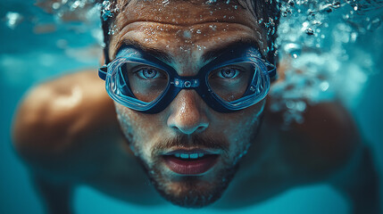 A swimmer dives below the surface, showcasing concentration as bubbles surround him. The bright blue water complements his racing goggles and muscular form during practice