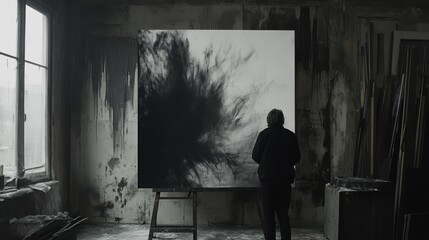 Fototapeta premium Artist Creating Abstract Black and White Painting in Studio Environment
