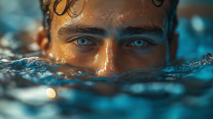 A young man with intense blue eyes looks directly at the viewer while partially submerged in a pool. Water droplets shimmer on his skin, creating a mesmerizing effect in the sunlight