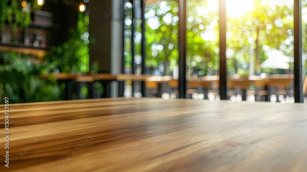 Aufkleber sunlight streams through large windows, illuminating a polished wooden table in a contemporary cafe.