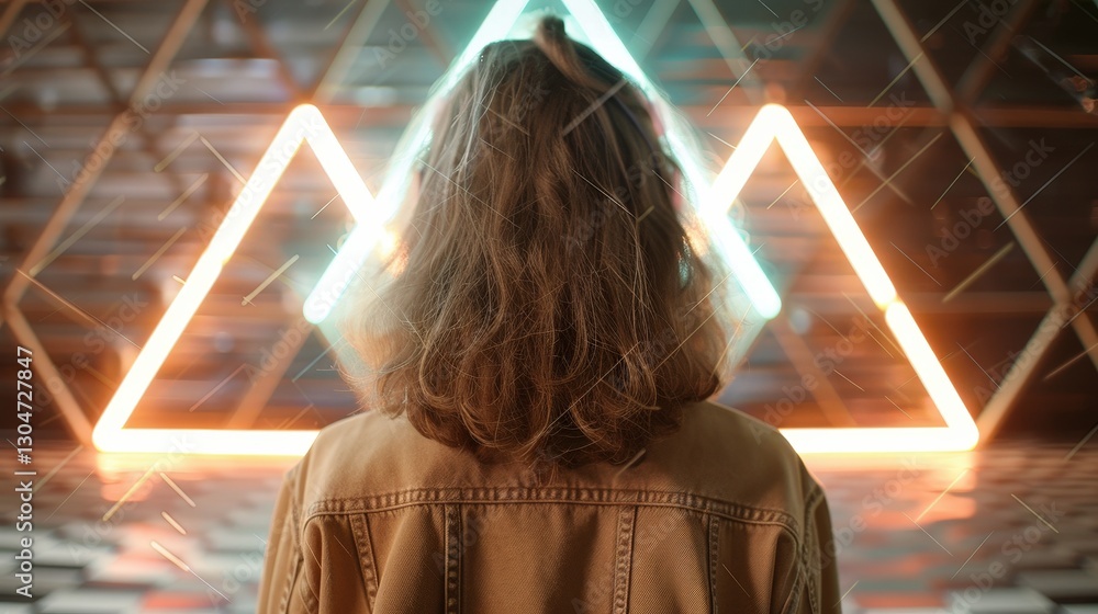 Poster a person standing in front of colorful geometric lights with abstract patterns in a modern artistic 