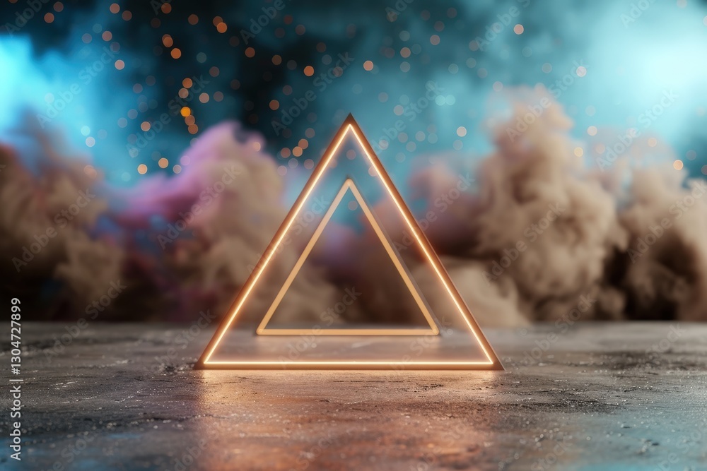 Poster illuminated geometric triangle in haze with colorful smoke background and glowing particles in abstr