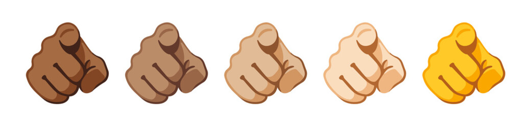Series of five pointing hands isolated on white background 