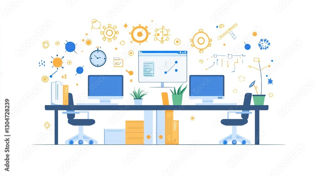 Poster modern office computers with various icons, workflow, innovative. possible use stock photo for busin