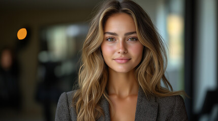 Obraz premium A young woman stands with a confident smile in a contemporary indoor environment. Natural light highlights her features, creating an inviting atmosphere