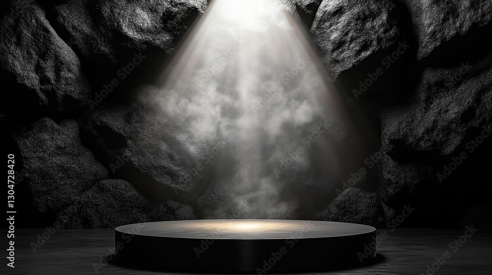 Poster dramatic spotlight illuminates a dark stone cave with a round platform casting a moody and mysteriou