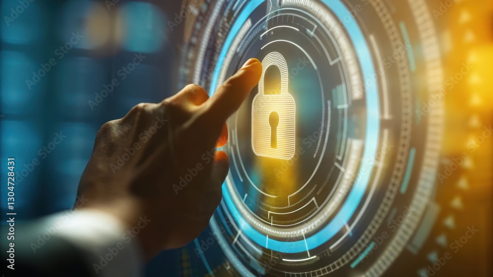Poster technology data security concept hand reaching towards a digital lock in a futuristic interface.