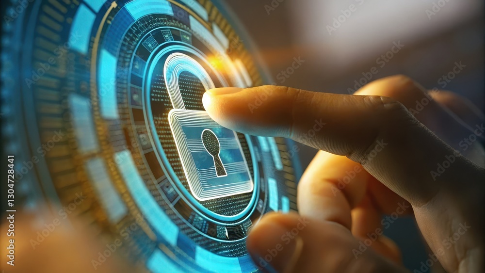 Aufkleber technology data security concept digital lock being activated by a finger touch on a futuristic inte
