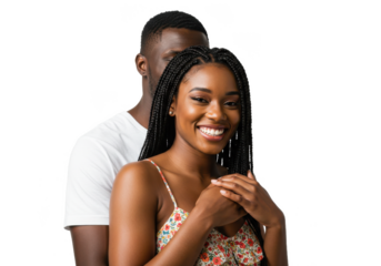 Couple In Love. Portrait of joyful black woman hugging her boyfriend from back, standing together isolated over White background