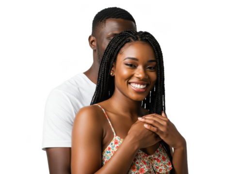 Couple In Love. Portrait of joyful black woman hugging her boyfriend from back, standing together isolated over White background
