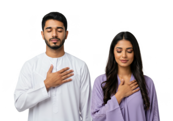 Thank You. Grateful Young Arab Man And Woman With Eyes Closed Keeping Both Hands On Chest, Thankful Middle Eastern Couple Expressing Grattitude White background