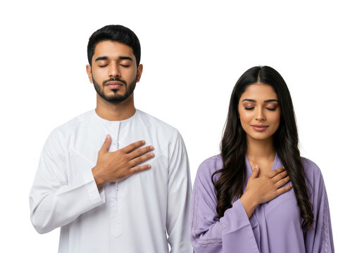 Thank You. Grateful Young Arab Man And Woman With Eyes Closed Keeping Both Hands On Chest, Thankful Middle Eastern Couple Expressing Grattitude White background