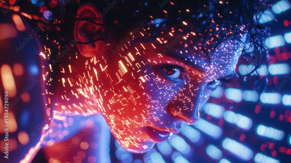 Poster futuristic portrait of a person with glowing abstract patterns