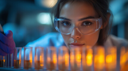 In a dimly lit laboratory, a young scientist carefully examines a series of test tubes filled with glowing substances. Focused on her work, she wears safety goggles and gloves, ensuring accuracy