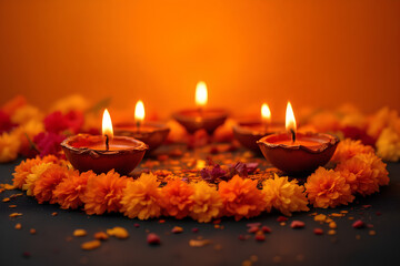 Diyas oil lamp with flower garland on the side, perfect for Indian or Hindu celebrations