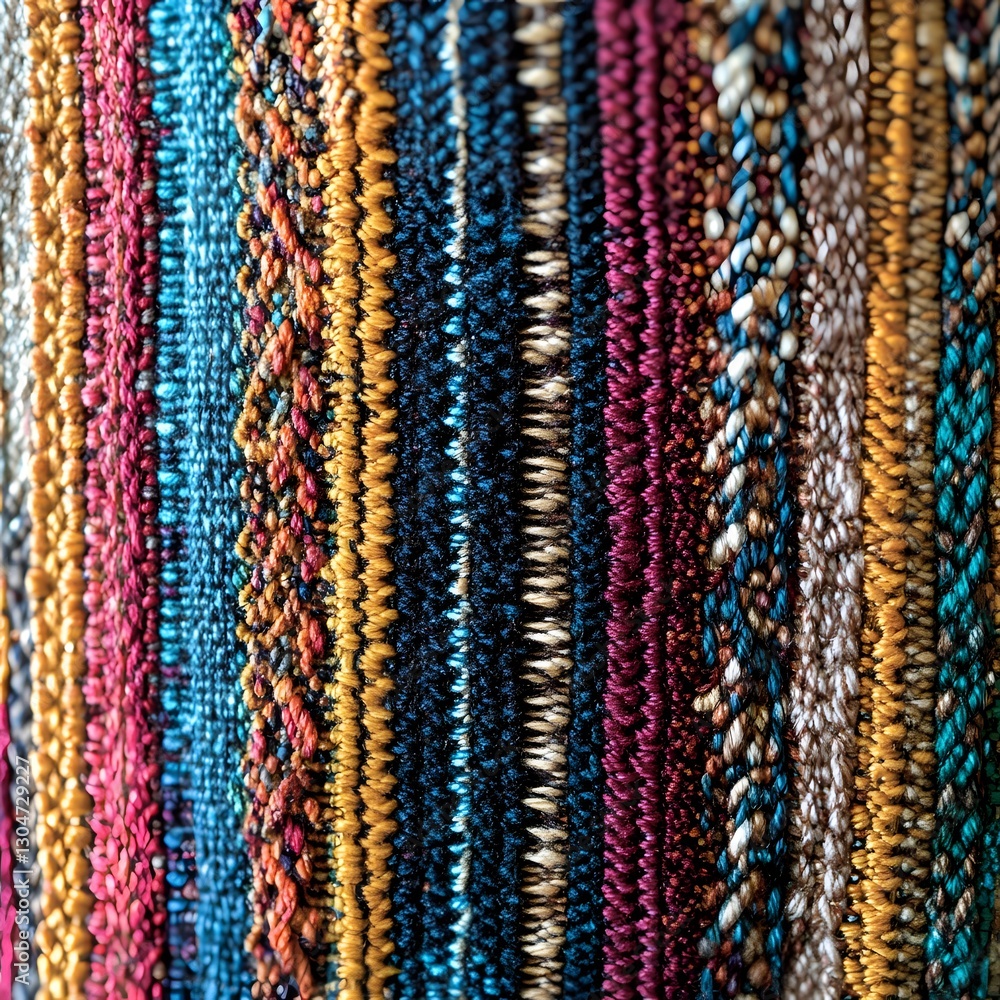 Poster textile tapestry: a vibrant display of vertical stripes with intricate weaves and patterns, showcasi
