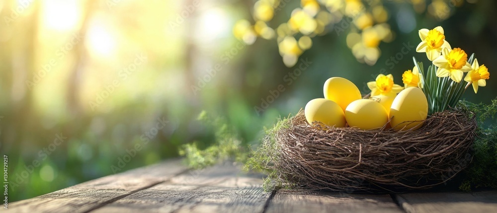 Poster easter eggs in nest with daffodils on rustic wooden table springtime celebration and sunny backgroun