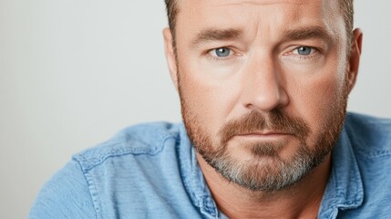 Obraz premium A man with a well-groomed beard stares thoughtfully while wearing a light blue shirt. His intense blue eyes convey a sense of contemplation against a plain background