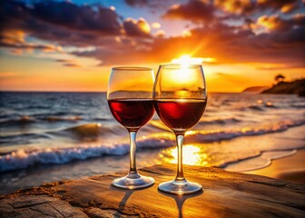Romantic Sunset: Two Glasses of Red Wine by the Sea