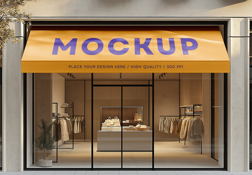 Storefront Awning Mockup &ndash; Realistic Yellow Canopy Design for Boutique or Fashion Shop Exterior Branding