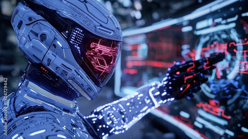 Poster futuristic robot with neon lights interacting with digital display