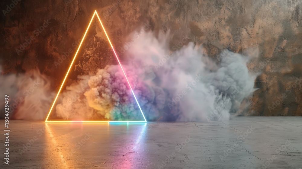 Wall mural neon triangle with colorful smoke and light effect in a modern abstract environment