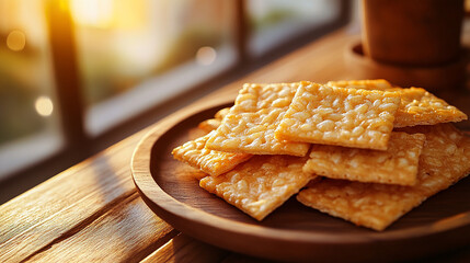 Crispy Rice Crackers on a Wooden Plate