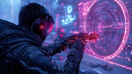 Futuristic Cyberpunk Character Aiming Weapon at Holographic Display