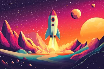 Cartoon rocket launching in space with planets and mountains against a vibrant starry sky colorful cosmic adventure