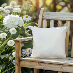 White pillow mockup on wooden bench in a garden setting