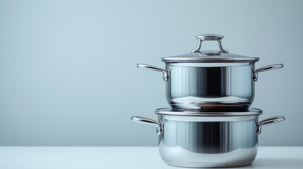 Two gleaming stainless steel pots are stacked on a smooth kitchen countertop. Soft natural light highlights their sleek design, creating a minimalist aesthetic perfect for any culinary setting