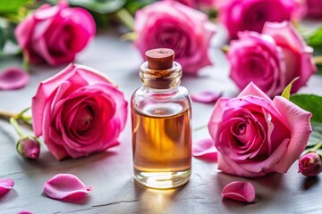 Rose Essential Oil Bottle, Top View, White Background, Low Light Photography