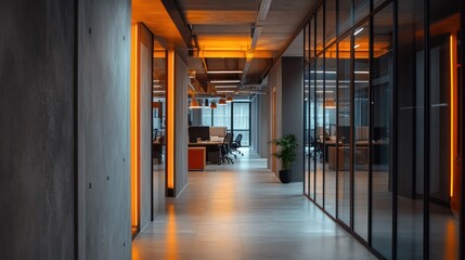 Modern Concrete Office Corridor; Open Space; Minimalist Design; Ideal for Business