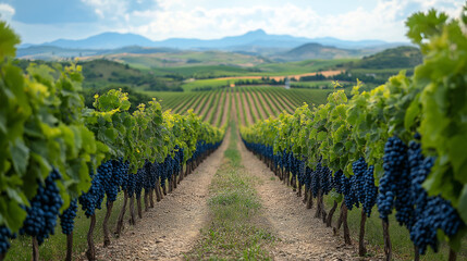 Fototapeta premium Rows of grapevines laden with ripe blue grapes extend towards the horizon, framed by green hills and a vibrant sky. The image captures the essence of summer on a picturesque vineyard