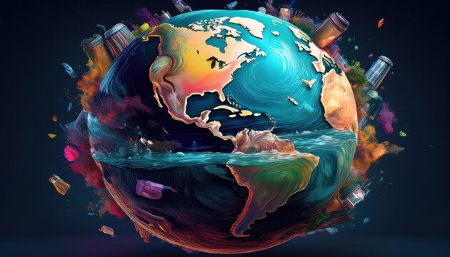 Vibrant image of the planet with recycling symbols and waste items for Earth Day.