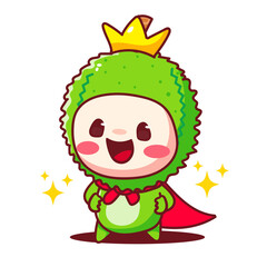 Cute Durian king logo cartoon icon logo illustration. Tropical Fruit Concept Design. Hand drawn vector style.