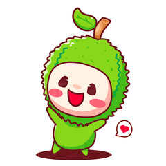 Cute Durian mascot cartoon icon illustration. Tropical Fruit Concept Design. Hand drawn vector style.