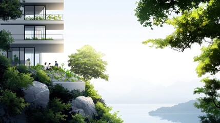 Naklejka premium Artistic Digital Illustration of Urban Rooftops with Scenic View and Lush Greenery in a Tranquil Setting